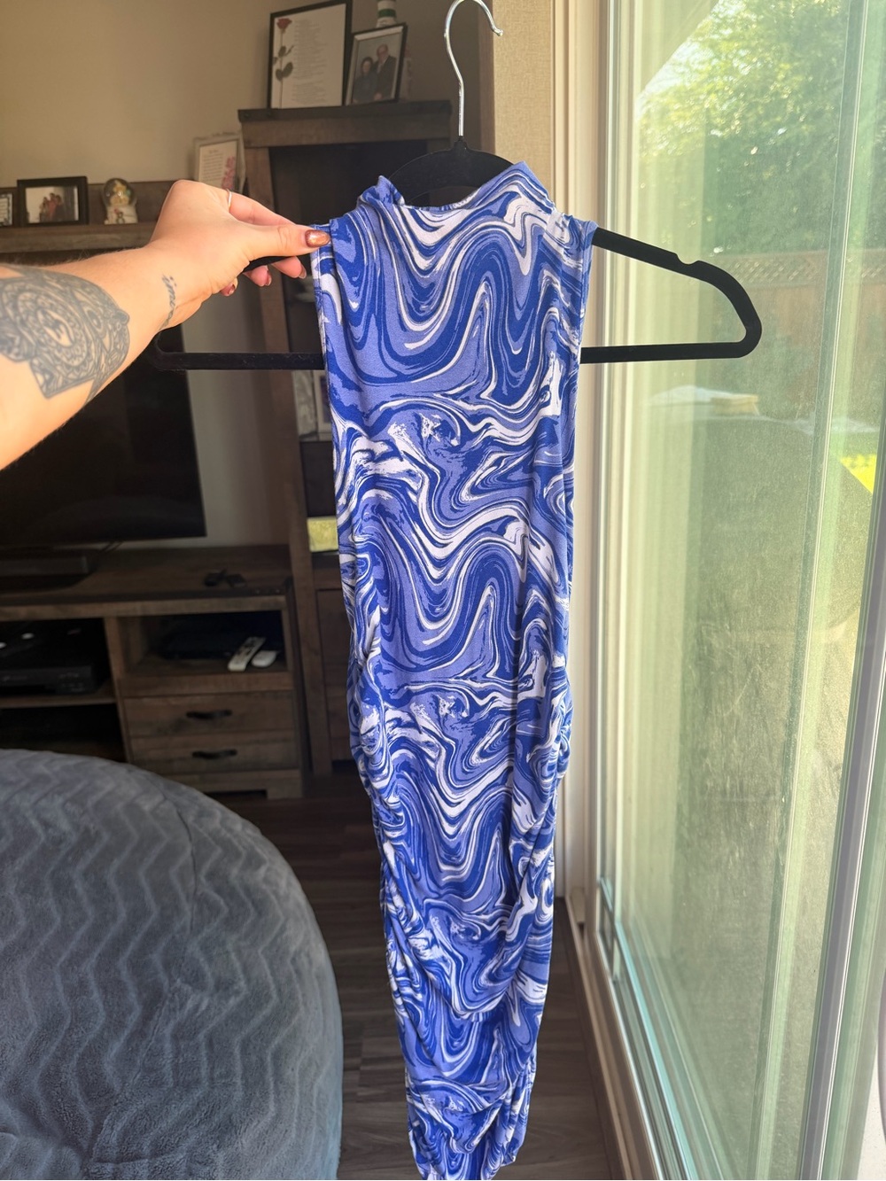 High neck bodycon blue and white marble dress